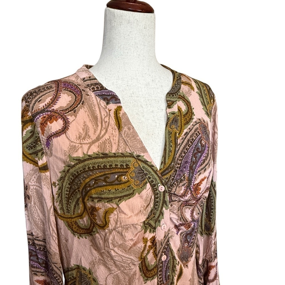 DR2 Paisley Print Button Front V-Neck Flutter Sleeve Top Pink Green Size M #1497 - Picture 4 of 6